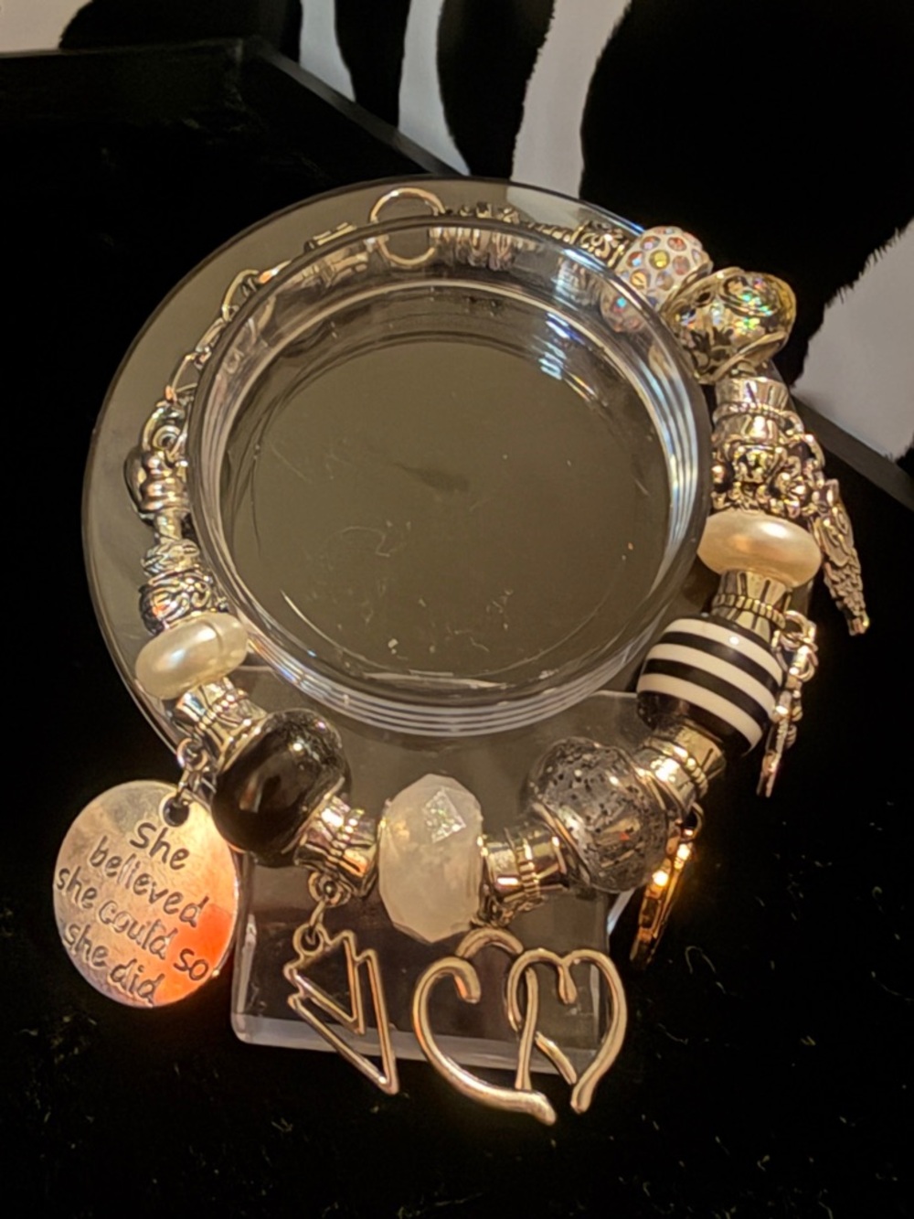 Silver Tone Black & White Charm Bracelet with Pearls and Crystal Accent